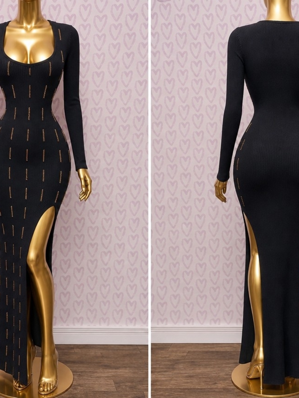 Fashion Nova Black Ribbed Maxi Dress with Gold Accent Slits
